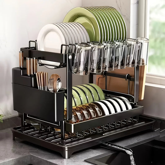 Kitchen Storage Rack - Large Capacity Double Layer Metal Tableware Stand with Drainage