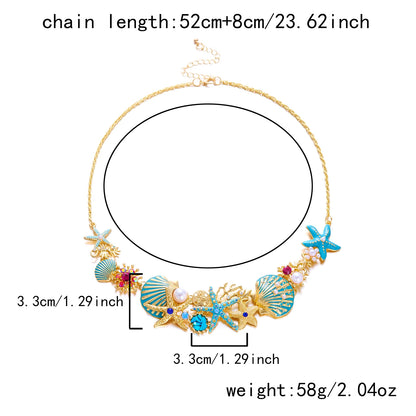 Exaggerated Metal Starfish Shell Pearl Necklace for Women Summer Ocean Coral Scallop Pendant Necklace Boho Beach Jewelry Gift