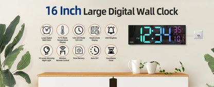 Large Digital Wall Clock - 162 LED with Remote Dual Alarm  RGB Colors