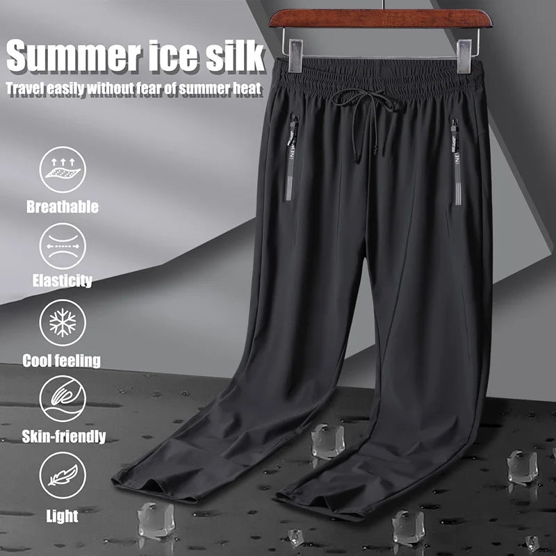 Men's Athletic Stretchy Ice Silk Quick Dry Pants Zipper Pockets Lightweight Sweatpants Outdoor Hiking Breathable Running Workout