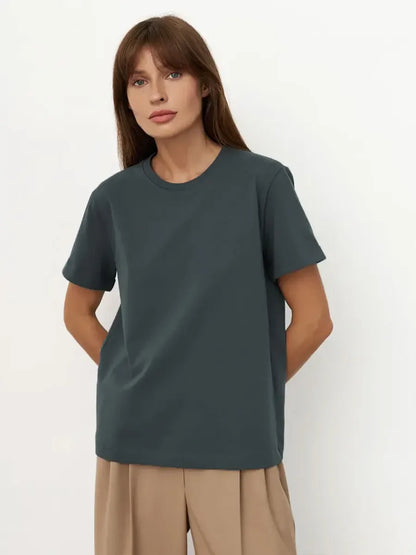 Wolfeel Summer 100% Cotton Women's T-shirt Bottoming Basic Fashionable Solid Lady Short Sleeve Loose Tops Shirts 230g/㎡ Tops