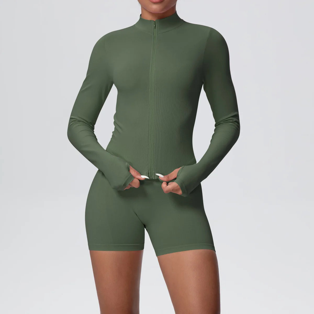Women Gym Set - Seamless Yoga Suit With Zip Shirt & Cycling Shorts Activewear