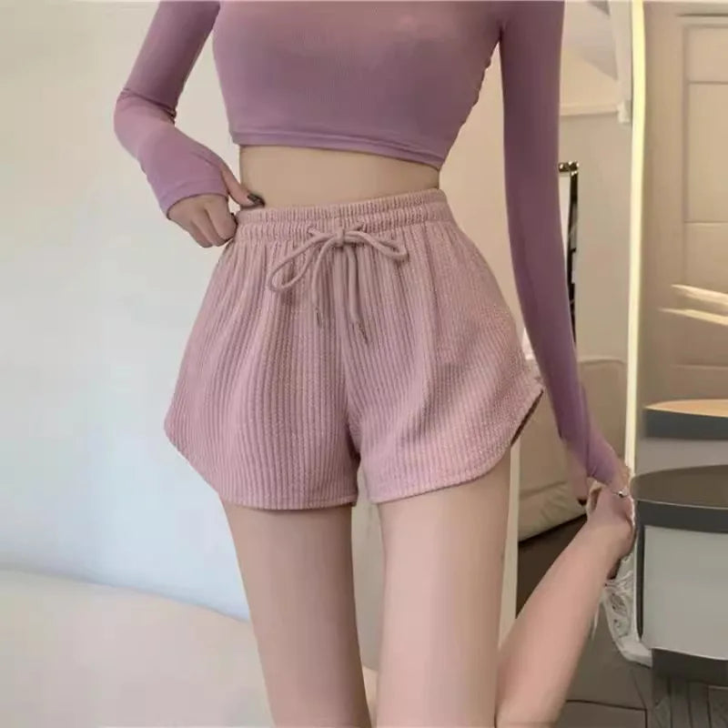 New Summer Waffle Shorts for Women, High Waist Plus Size Loose Casual Pants, Internet Famous Sports Fitness Shorts