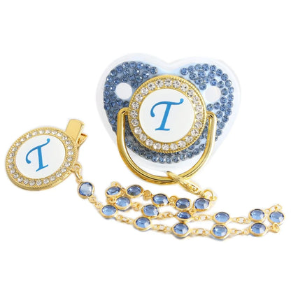 Blue Baby Pacifier - Orthodontic Nipple Silicone Teether Toy with Rhinestone Chain Clip