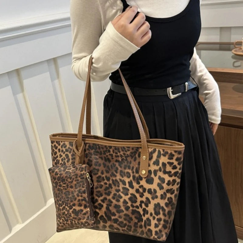 Leopard Print Tote Bag - Women's PU Leather Large Capacity Casual Travel Purse