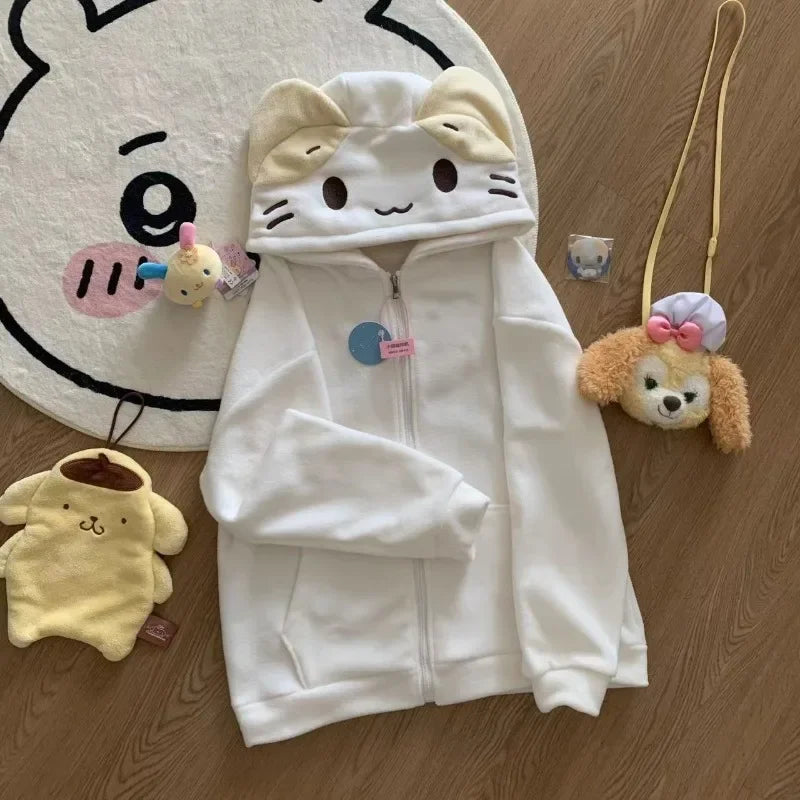 Kawaii Lolita Style Women Fleece Hoodies Cutecore Oversize Japanese Soft Girl Zipper Sweatshirt Casual Cartoon Cardigan Jacket