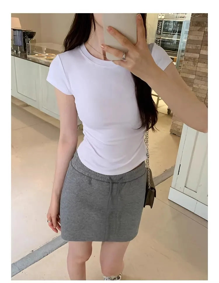 Women's Basic Solid Crop Top Short Sleeve Crewneck Skinny T-shirt Summer Casual Y2K Vintage Harajuku Streetwear