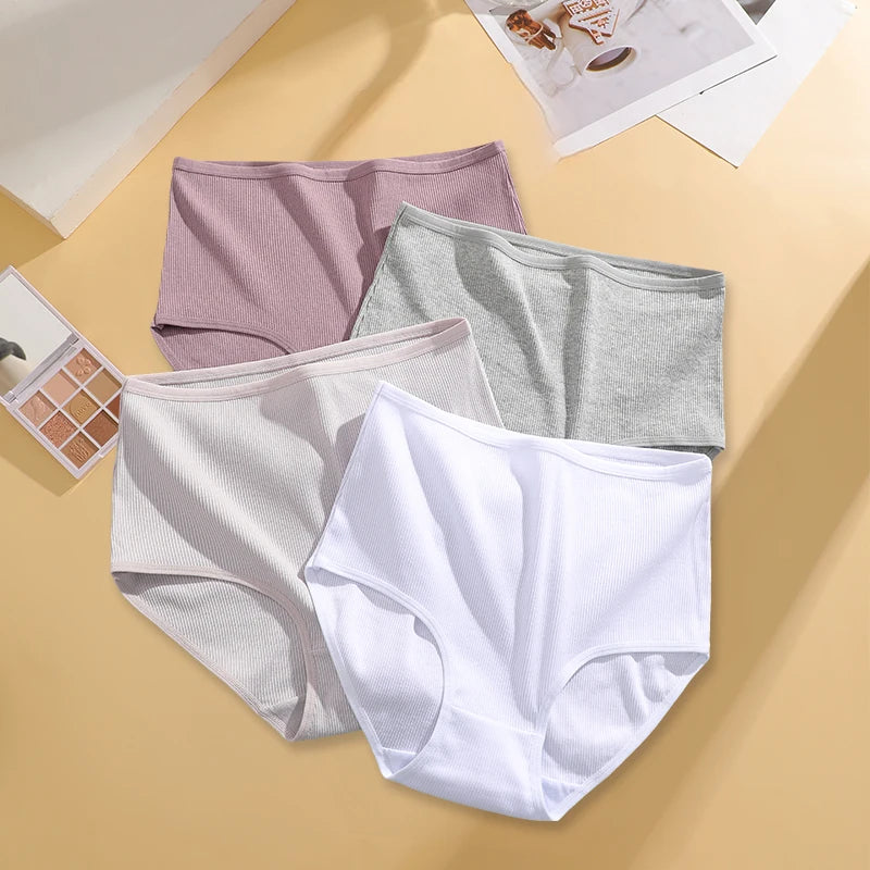 FINETOO 4 Pieces High Waist Women's Unicolor Seamless Panties Oversized Women's Underwears Solid Color S-XXL Cotton Pantys