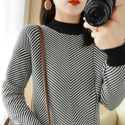 Women's autumn and winter 100% pure cotton knitted semi high neck pullover casual striped warm sweater fashionable hot selling