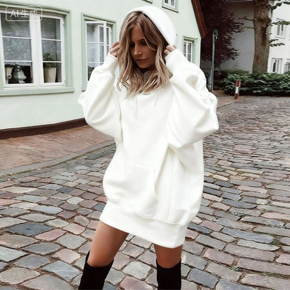 Oversized Hoodie Dress Women Loose Long Sleeve Pocket Drawstring Sweatshirt Dress Casual Streetwear Daily Wear Warm Pullover