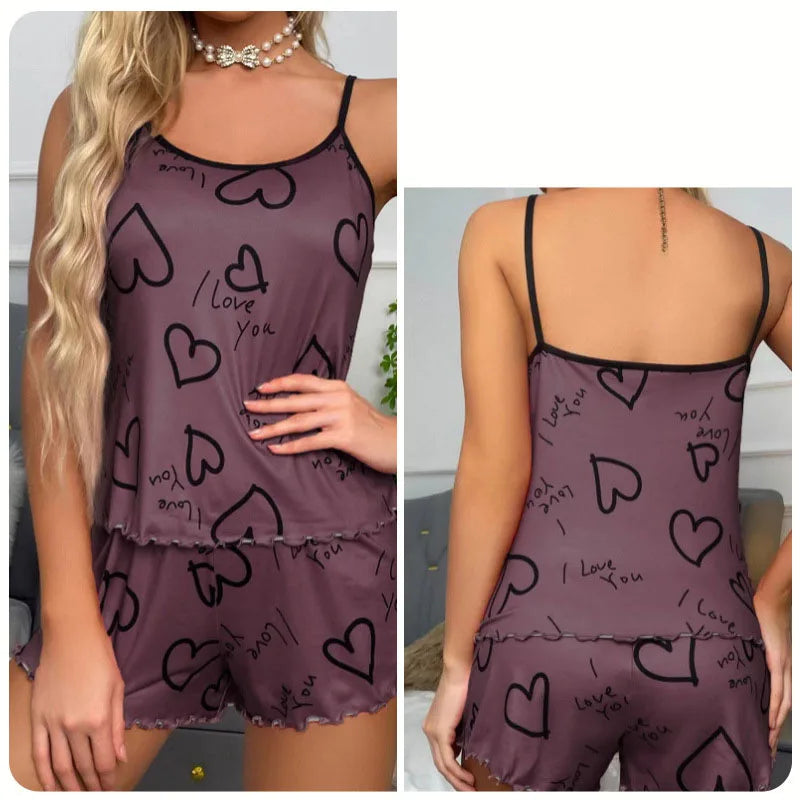 Women's Heart-Shaped Printed Pajamas Set Sexy Pajamas Silk Pleated Vest Shorts Set Soft and Comfortable Home Wear Sweet and Cute