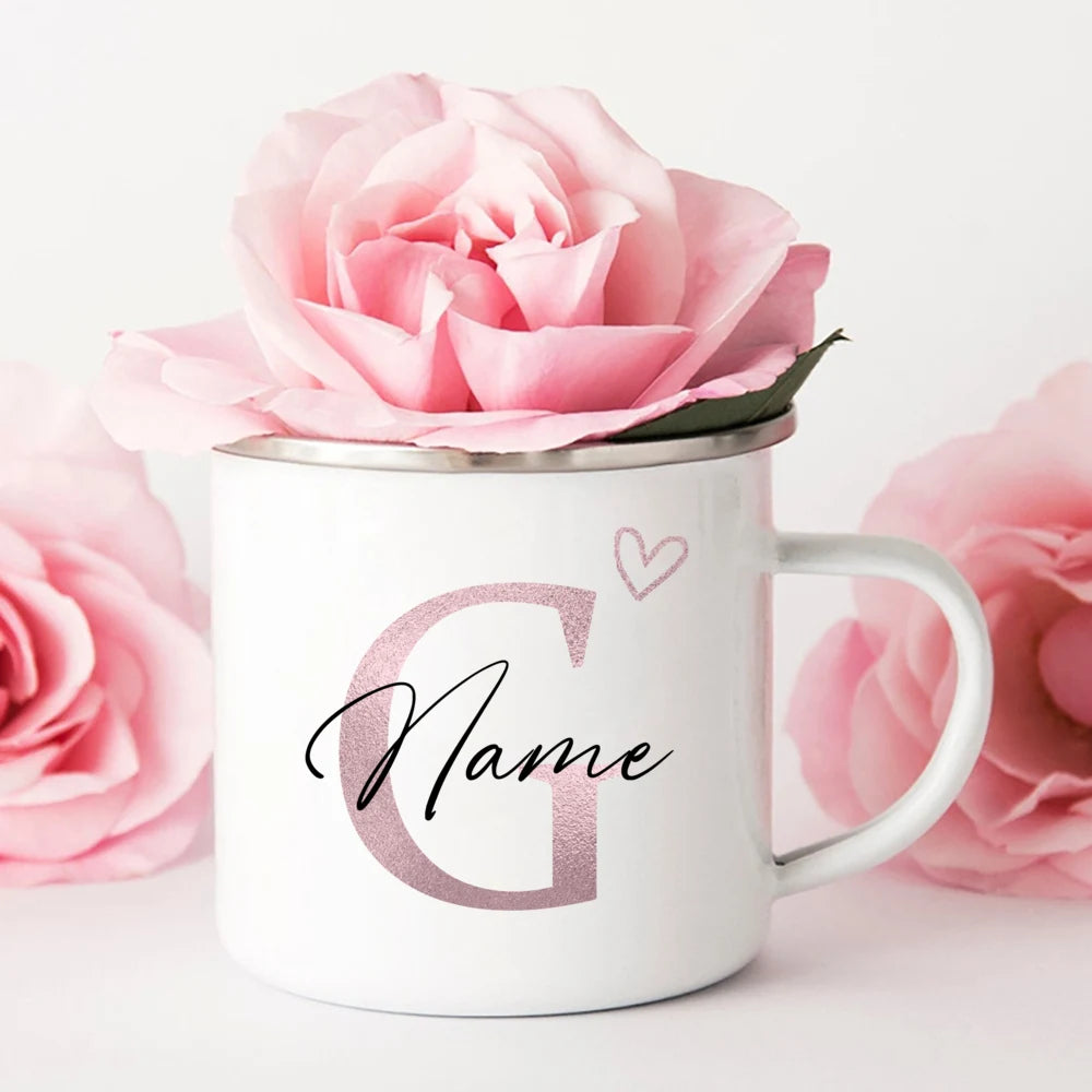 Personalized Coffee Mug - Custom Name Heart Initial Enamel Cup | Bridesmaid Gift
