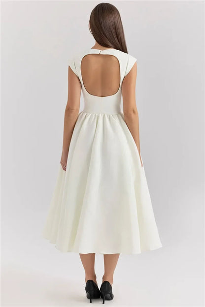 Circle Cut Out Back Dress - Fitted Waist Prom Dress With Wide Shoulders & Fluffy Hem