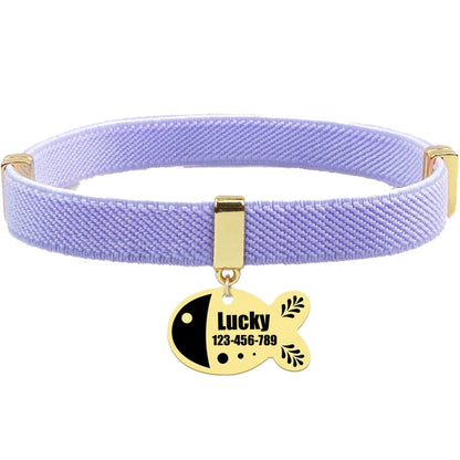 Free Customized Cat Collar Cute Fish Metal Necklace Pet ID Name Tag Personalized GPS Tracker Kitten Dog Breakaway Elastic Collar