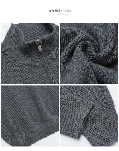 Men's Semi-Zip Knit Sweater - White (Gray/Black)  Winter Weight Fabric Fashionable Semi-High Neck Daily Wear