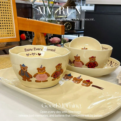 Korean Three Little Bear Cartoon Bowls - Cute Ceramic Tableware Set