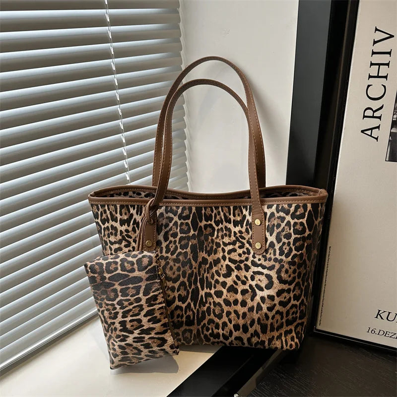 Leopard Print Tote Bag - Women's PU Leather Large Capacity Casual Travel Purse