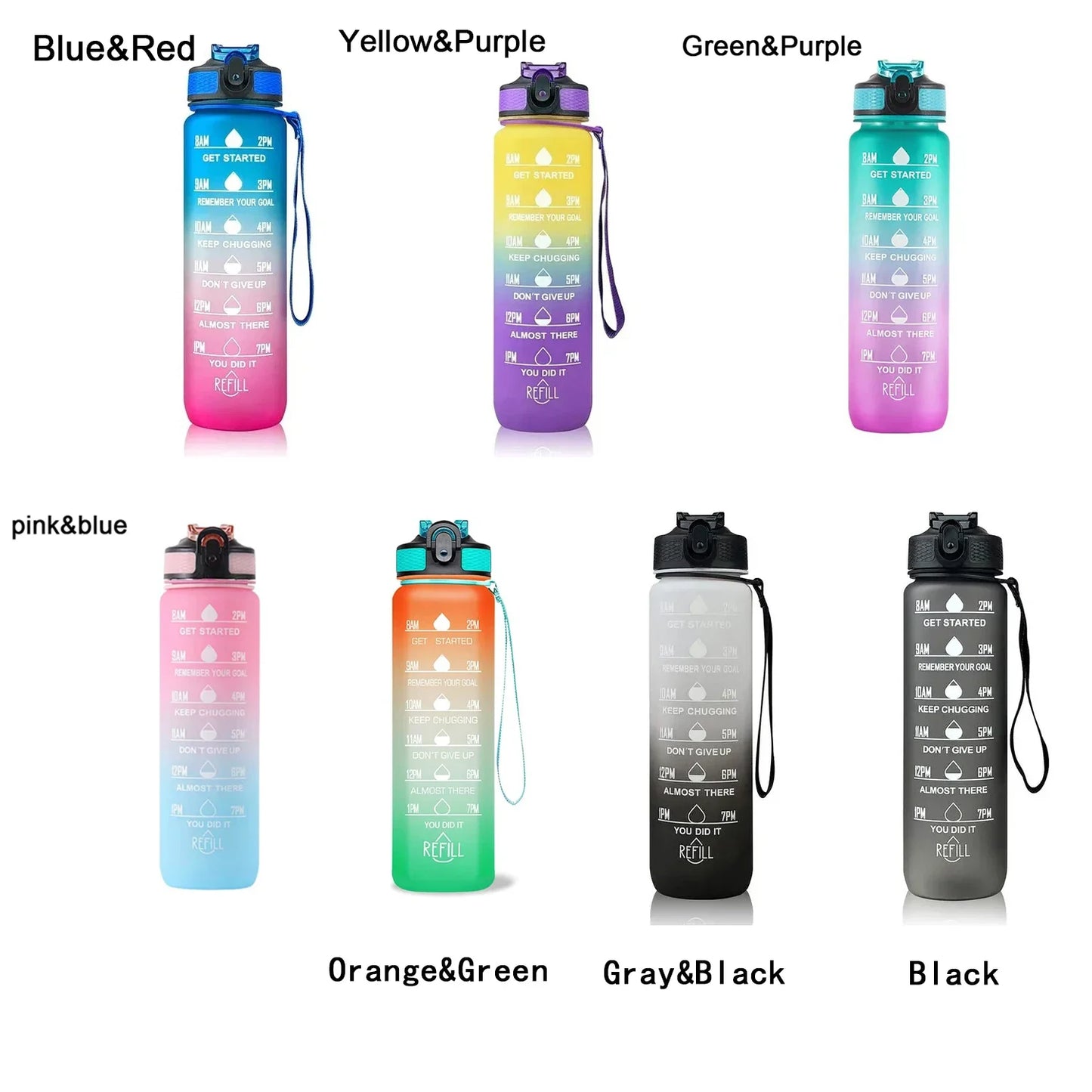 1L Sports Water Bottle with Straw and Time Marker Plastic Motivational Water Bottle Drinking Bottle Leakproof for Fitness Gym