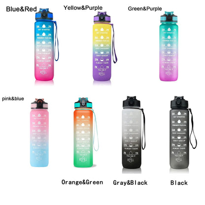1L Sports Water Bottle with Straw and Time Marker Plastic Motivational Water Bottle Drinking Bottle Leakproof for Fitness Gym