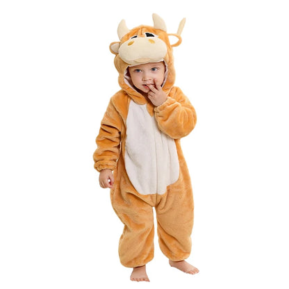 Baby Winter Rompers - Soft Polyester Hooded Jumpsuit With Animal Pattern, Machine Washable