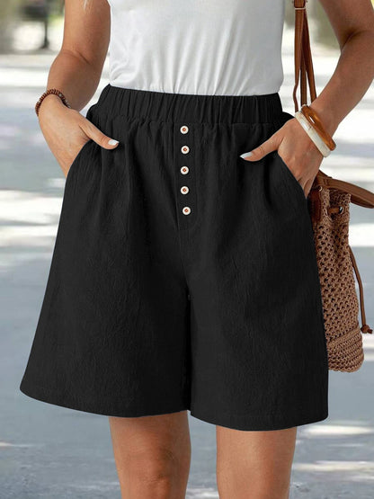 Summer Ladies Casual Loose Pocket Buttoned Linen Shorts Comfortable Breathable Loose Fit Short Pants for Women