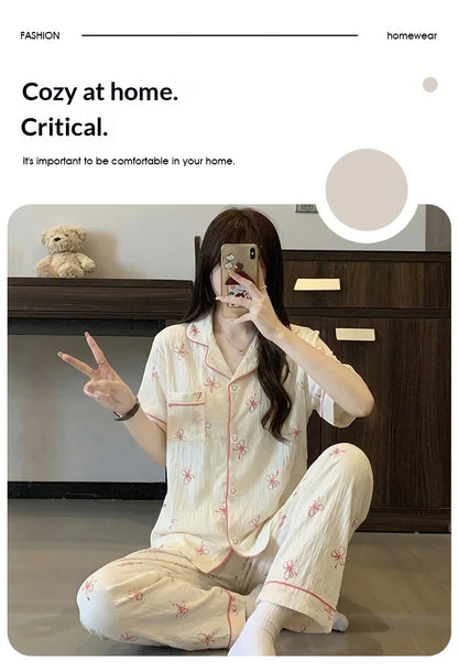 French-Style Sweet Bow Pajamas for Women: Summer Short-Sleeve Long-Pants Set with Cloud-Print, Soft and Cozy Cotton Loungewear