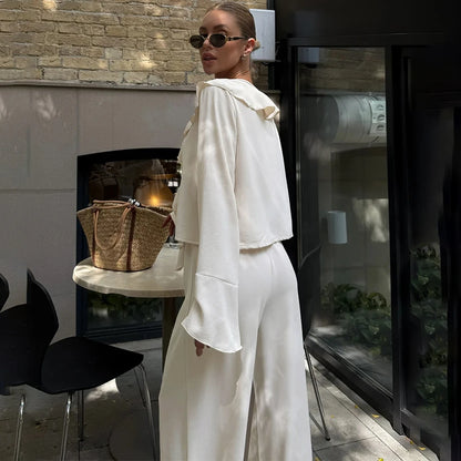 Linad Casual Loose Apricot Outfits Fashion Ruffles Flare Sleeve Blouse With High Waist Pant 2 Piece Sets Summer Long Pants Suits