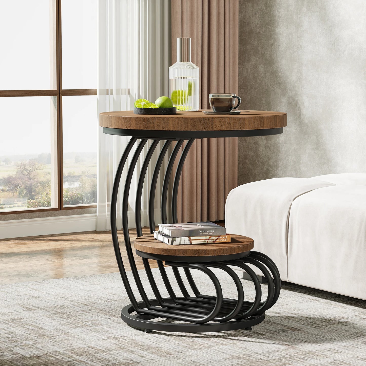 Gold Round End Table – Faux Marble Side Table with 2 Tier Storage Shelf & Stylish Metal Frame