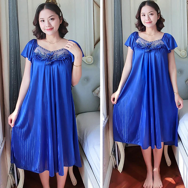 Ladies Ice Silk Nightgowns Sleeping Dress Medium Length Short Sleeve Nightdress Sexy Sleepwear Home Wear Loungewear Pyjama Femme