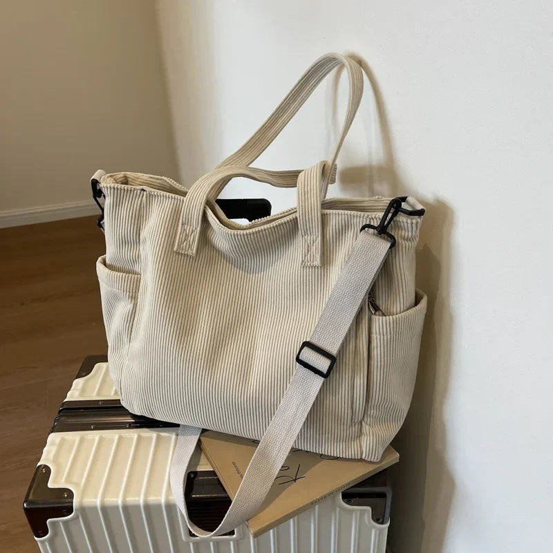 Corduroy Shoulder Bag - Large Capacity Crossbody Zipper Closure Purse