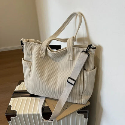 Corduroy Shoulder Bag - Large Capacity Crossbody Zipper Closure Purse