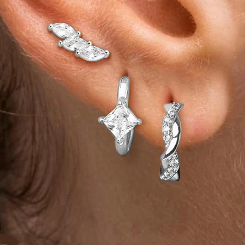 Square Zirconia Hoop Earrings Set – 3 Pairs, Stainless Steel