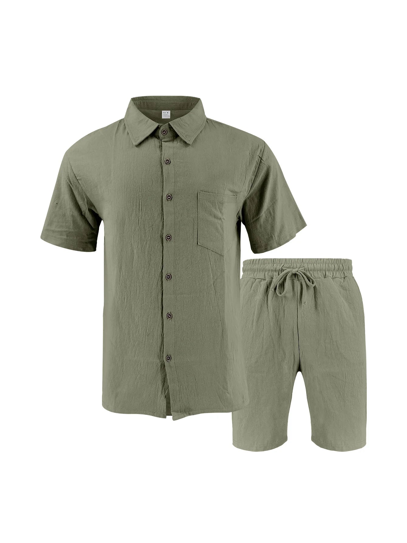Summer Men's Solid-Color Linen Beach Suit, Lapel Button Short-Sleeved Shirt Paired With Drawstring Shorts, Casual 2-Piece Set