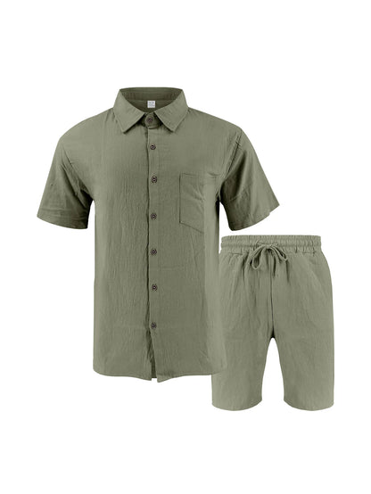 Summer Men's Solid-Color Linen Beach Suit, Lapel Button Short-Sleeved Shirt Paired With Drawstring Shorts, Casual 2-Piece Set