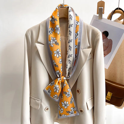 Floral Silk Scarf - Long Ribbon Neck Tie  Headband for Women