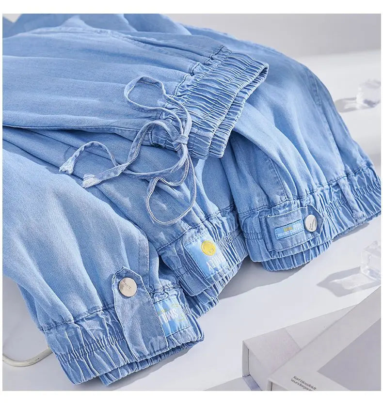 Plus Size Ice Silk Denim Pants Yoga Sports Thin Loose Style Women's Summer Casual Wide Leg Pants Harajuku Style Loose Waist