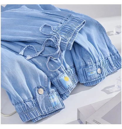 Plus Size Ice Silk Denim Pants Yoga Sports Thin Loose Style Women's Summer Casual Wide Leg Pants Harajuku Style Loose Waist