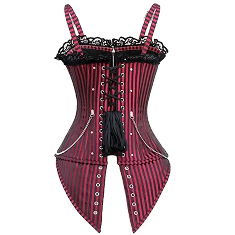 Sexy Women Gothic Corset & Bustier Striped Zip Buckled Steampunk Overbust Corselet Top Vest Punk Rock Style Clothes