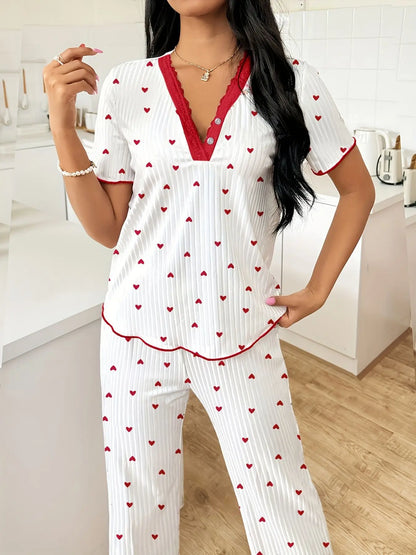 Autumn Winter Warm Pajamas Set for Women Sleepwear Sexy Heart Print Tops and Trouses Sets Comfortable Pyjama Loungewear