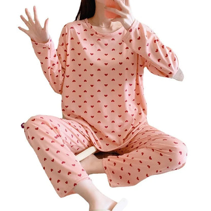 Pajamas Women Long Sleeve Pants Two-Piece Set Cute Sweet and Simple Student Homewear Crew Neck Pullover Long Pajamas Large Size