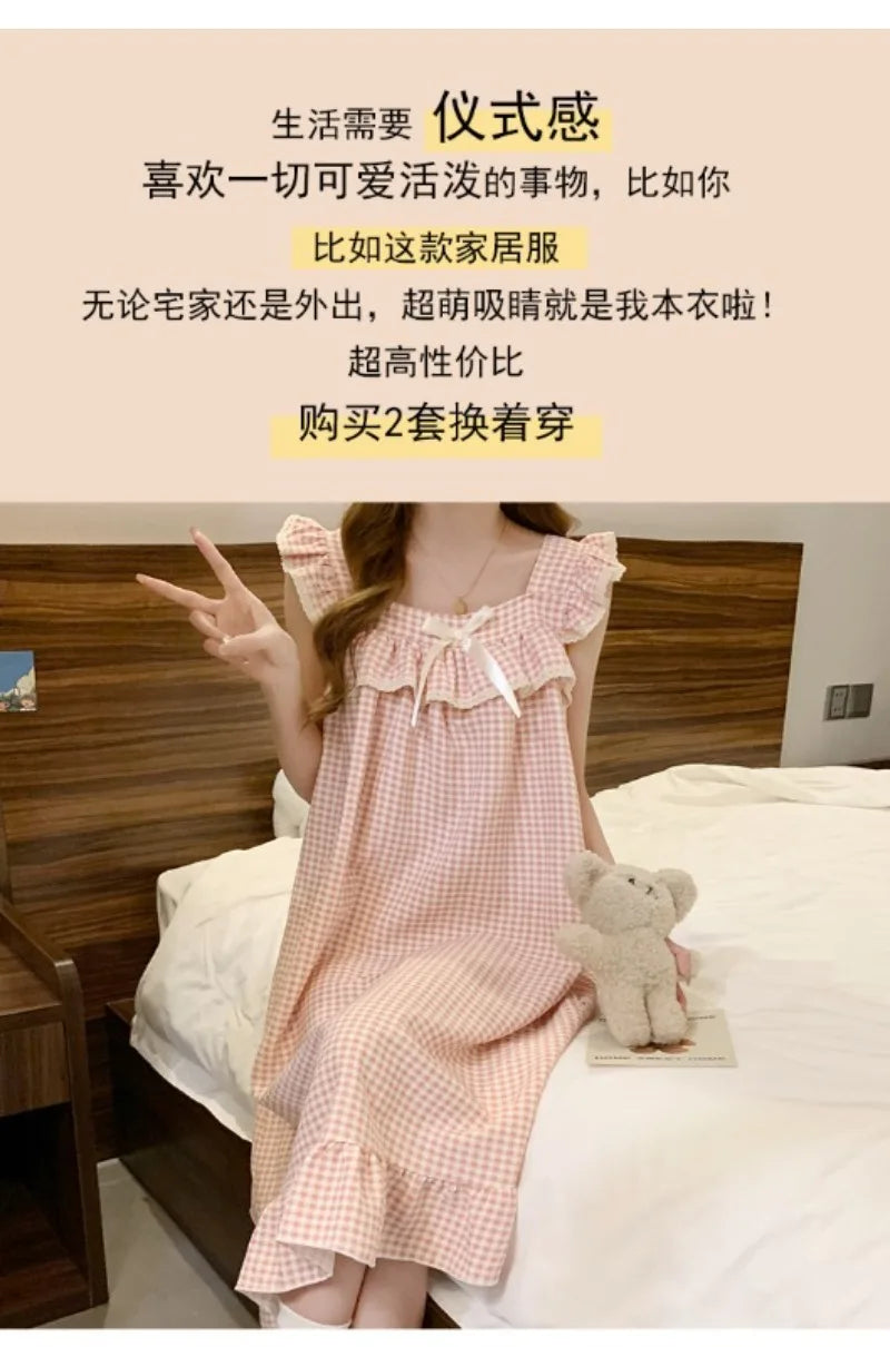 Women Korean Sweet Plaid Bow Design Nightgown with Straps Sleep Dress Cute Summer New Loungewear Y2K Nightgown with Built-in Bra
