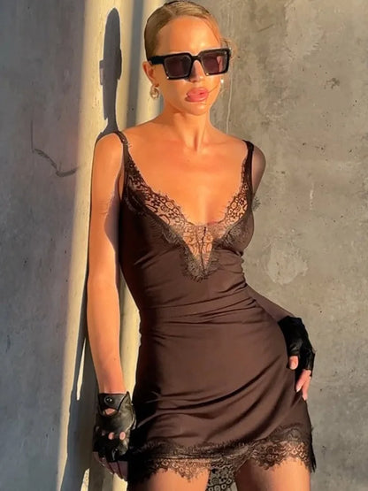 Women Lace Cami Dress - Sleeveless V Neck Mini Summer Dress | Slim Fit Polyester