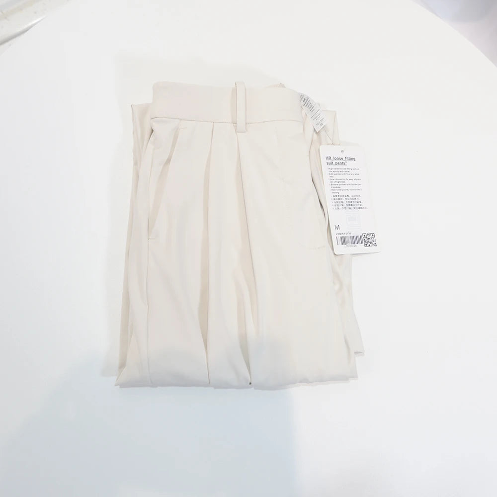Pocketed suit pants with pleats, cool feeling, versatile wide-legged, long pants, casual, straight-cut, elastic waist