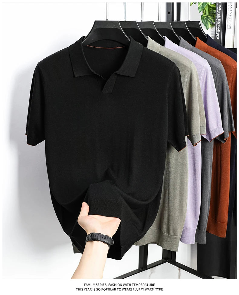 100%  Lyocell Knitwear 2025 Men Spring Summer Trendy Turn Down Collar Knit Tees Short Sleeve Breathable Knit Tops