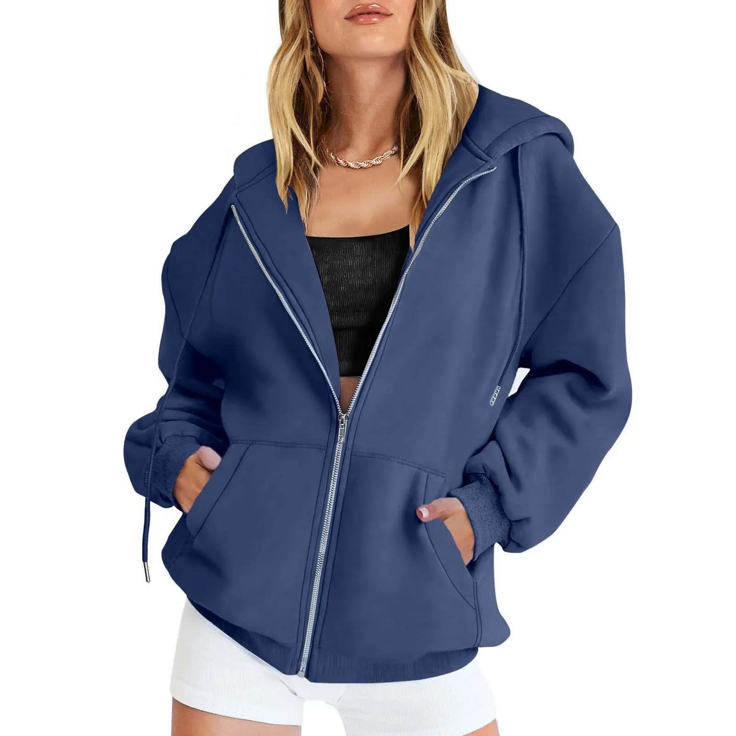 Fashion Gray Zip Up Sweatshirt Women Autumn Winter Jacket Clothes Hoodies Daily Pockets Long Sleeve Solid Versatile Lady Hoodies