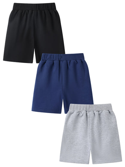 Trendy 3pcs Kids Boys Summer Casual Sweat Shorts Elastic Waistband Drawstring Pockets Soft Cotton Athletic Short Pants 2-7Y