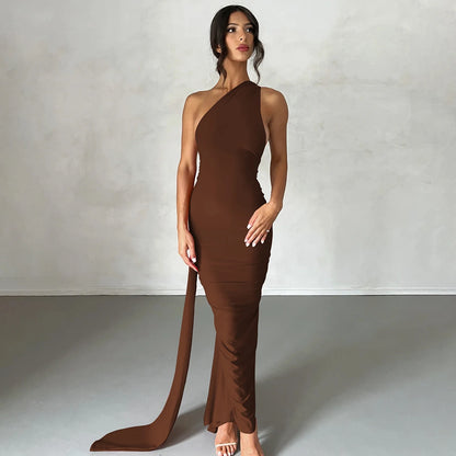 Hugcitar One Shoulder Backless Adjustable Scarf Loop Ruched Sexy Maxi Dress Women Elegant Y2K Streetwear Festival Outfit