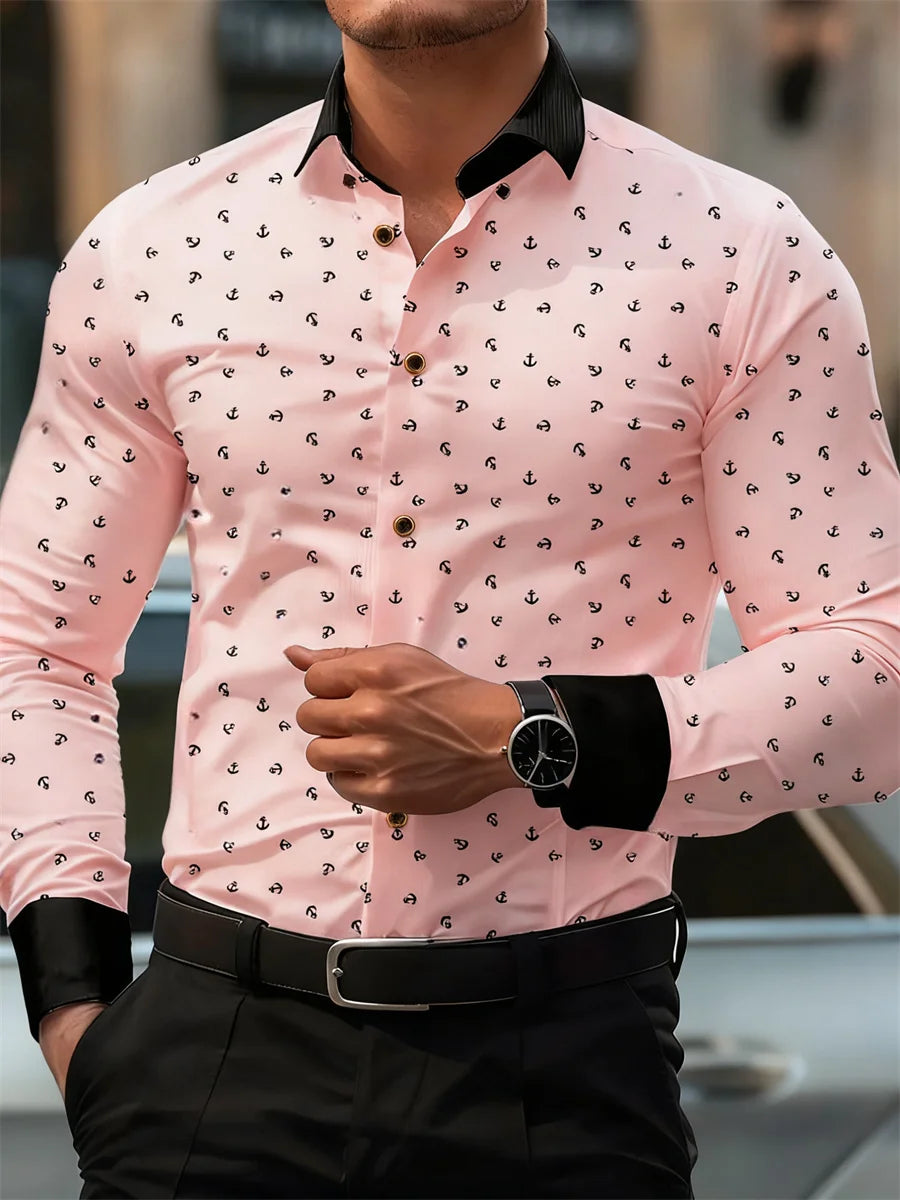 New Men's Fashion Anchor Print Contrast Color Lapel Long Sleeve Shirt Business Casual Slim Fit Non-iron Versatile Shirt XS-6XL