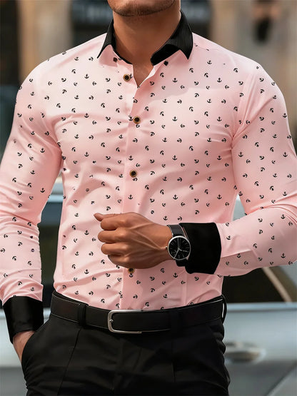 New Men's Fashion Anchor Print Contrast Color Lapel Long Sleeve Shirt Business Casual Slim Fit Non-iron Versatile Shirt XS-6XL