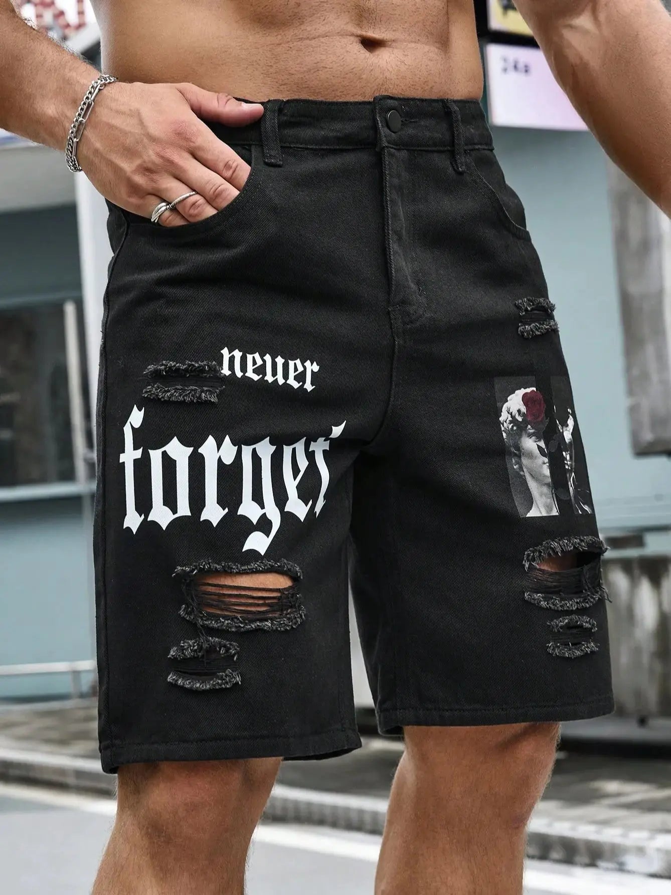 Men Summer Stretchy Denim Shorts Jeans For Men Streetwear Letter Ripped Knee length Baggy Comfort Cargo Casual Shorts Pants Jean